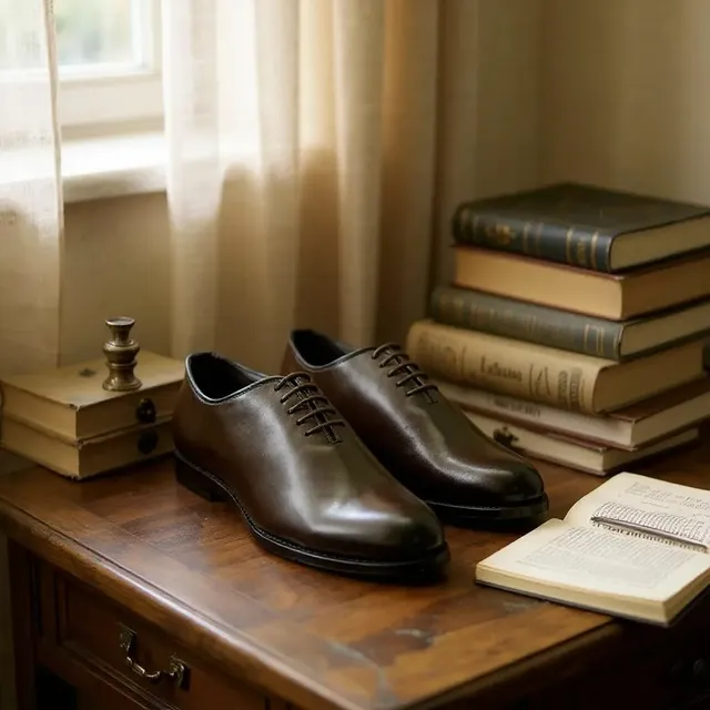 Premium Men’s Formal Footwear in Vengara – brown leather formal shoes on a wooden desk.