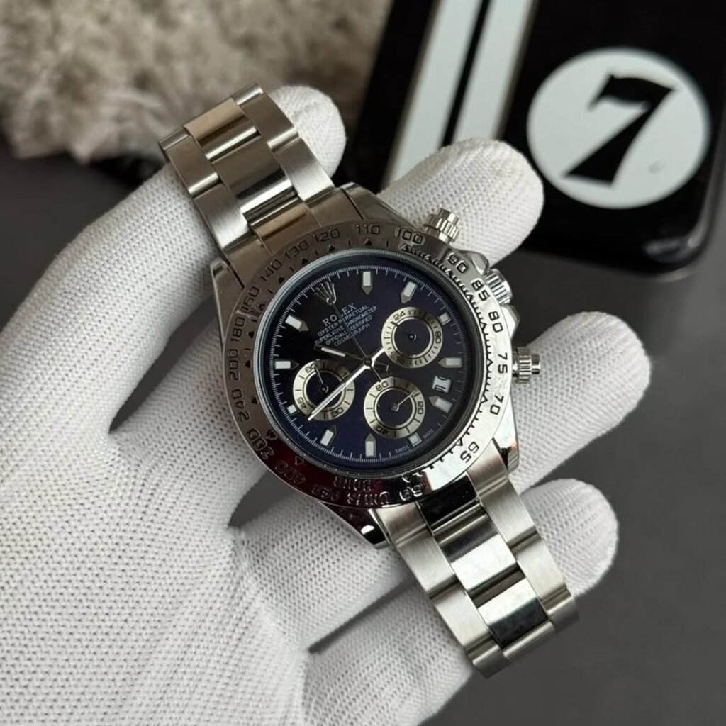 Black dial chronograph watch for men with silver steel strap, luxury style premium mens watches in Malappuram.